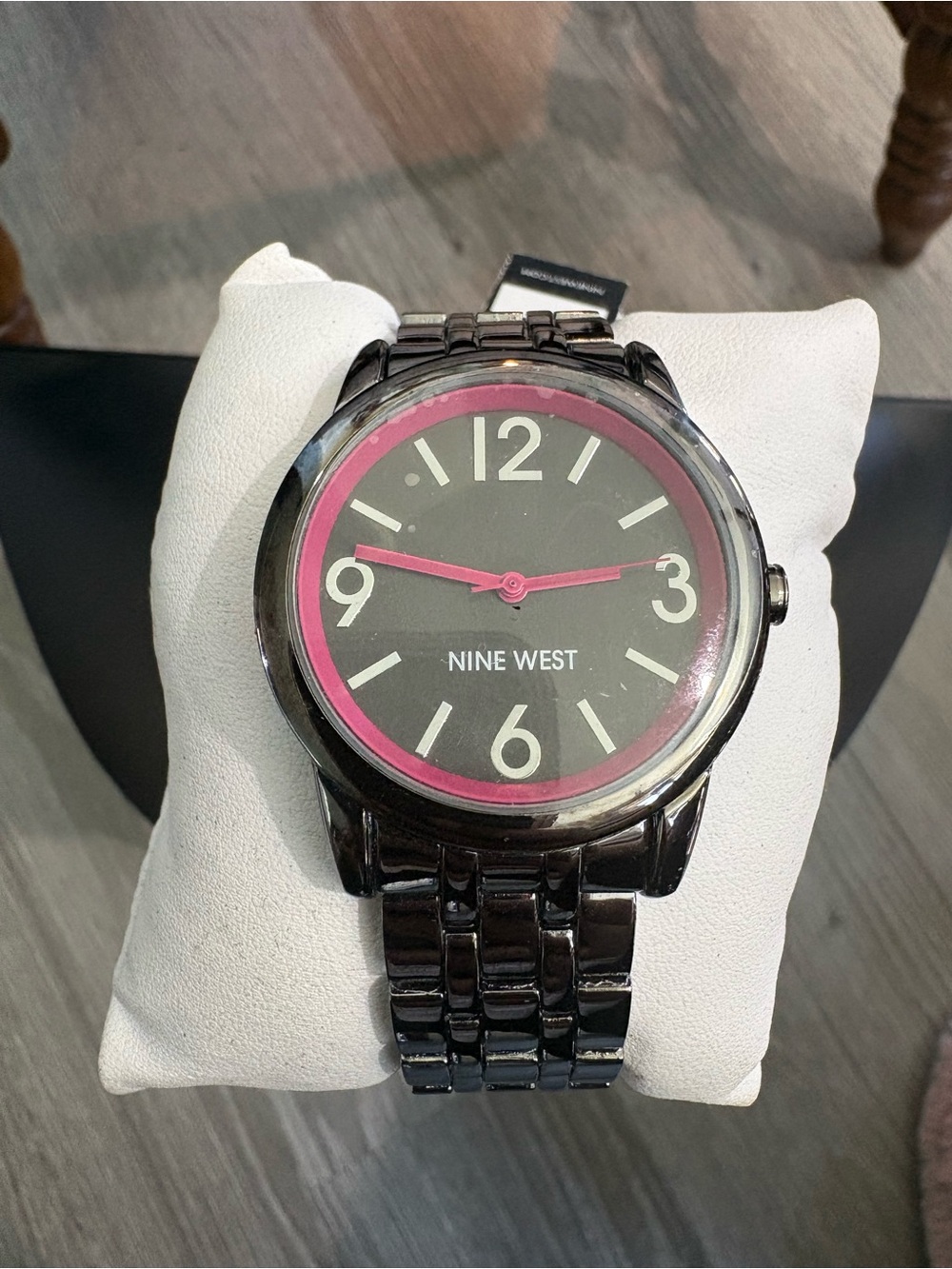 Women’s Nine West Black Metal Bracelet Watch with Pink Accents